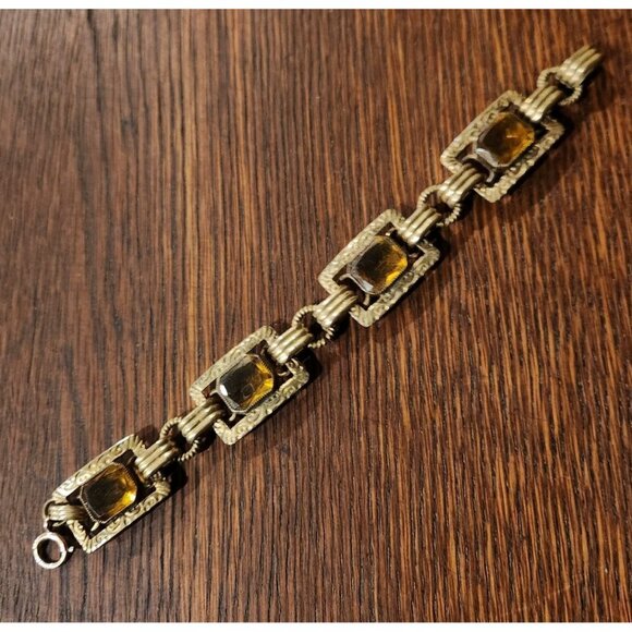 Vintage Uranium Citrine Glass Link Art Deco Bracelet Glows 12K Gold Filled Clasp - Picture 2 of 6